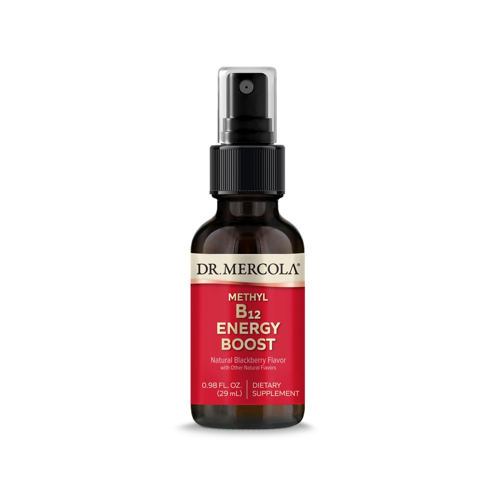 Dr. Mercola botella frontal con etiqueta clara y sabor mora para uso práctico