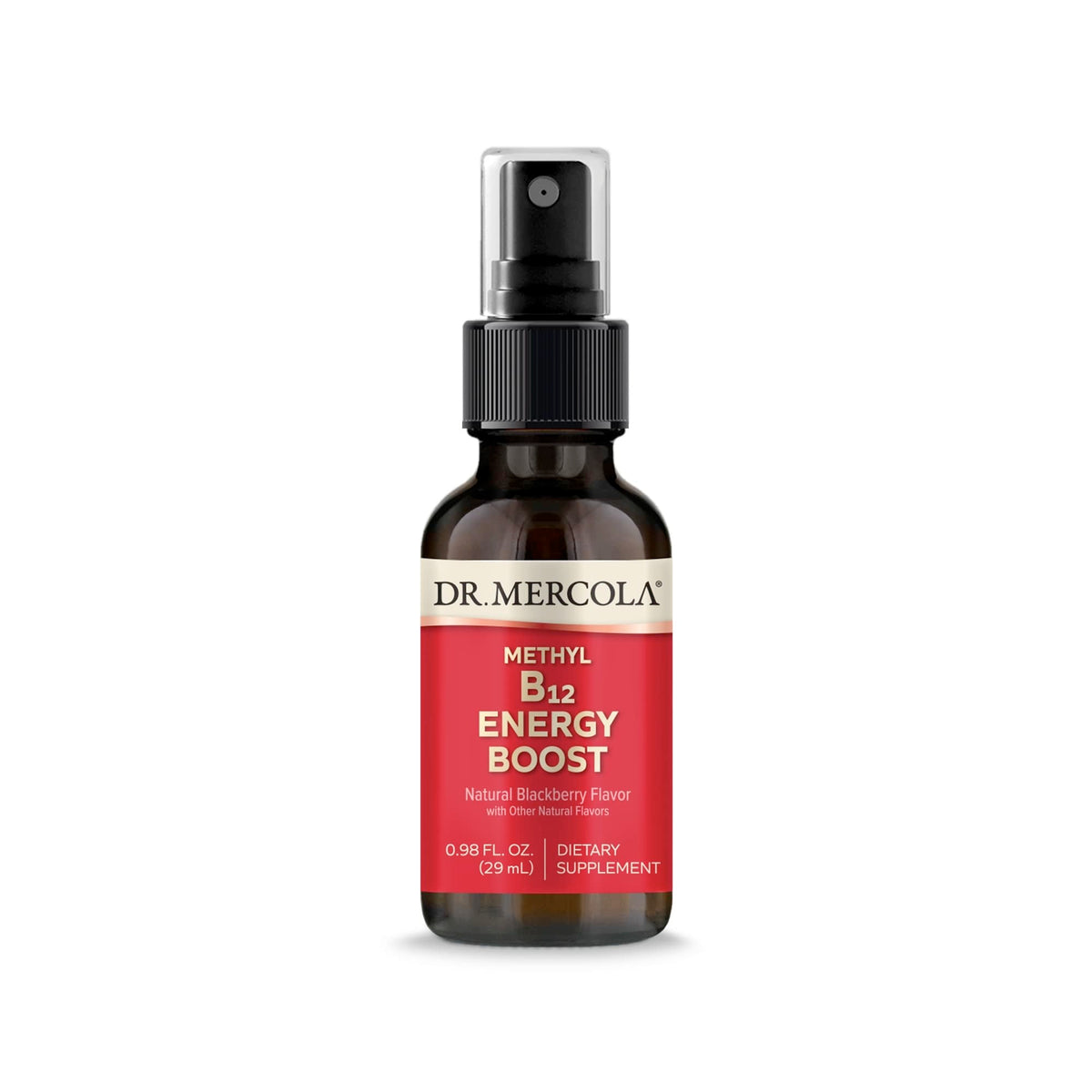Dr. Mercola botella frontal con etiqueta clara y sabor mora para uso práctico
