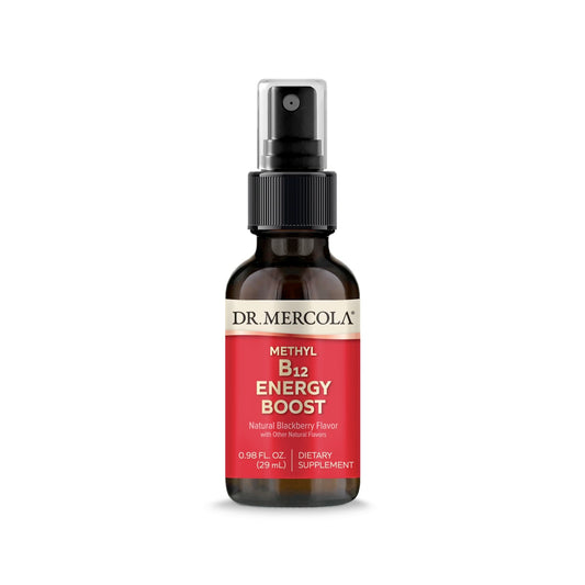 Dr. Mercola botella frontal con etiqueta clara y sabor mora para uso práctico