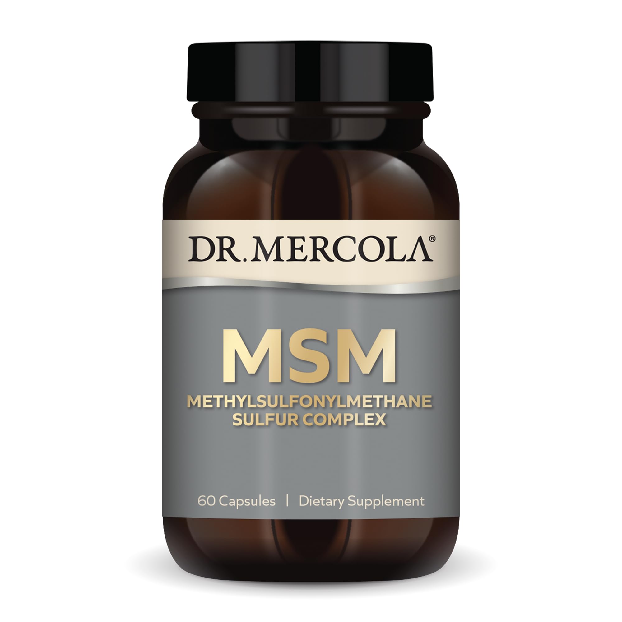 Dr. Mercola envase frontal del MSM Sulfur Complex mostrando la marca y beneficios
