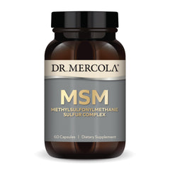 Dr. Mercola envase frontal del MSM Sulfur Complex mostrando la marca y beneficios