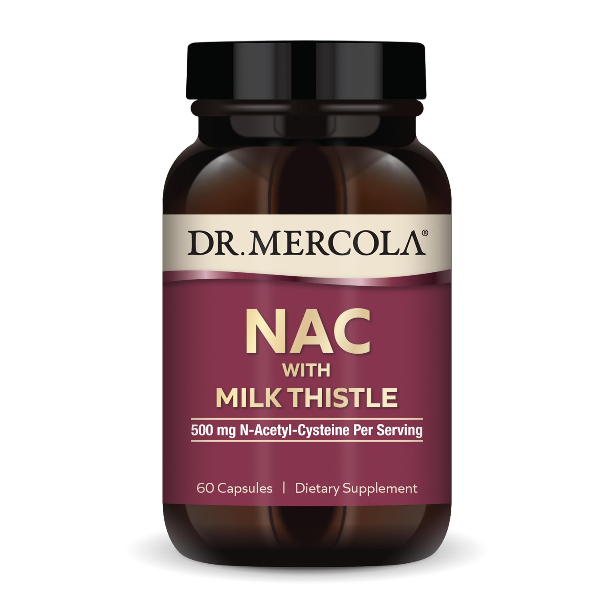 Dr. Mercola envase frontal del suplemento NAC mostrando etiqueta clara y beneficios