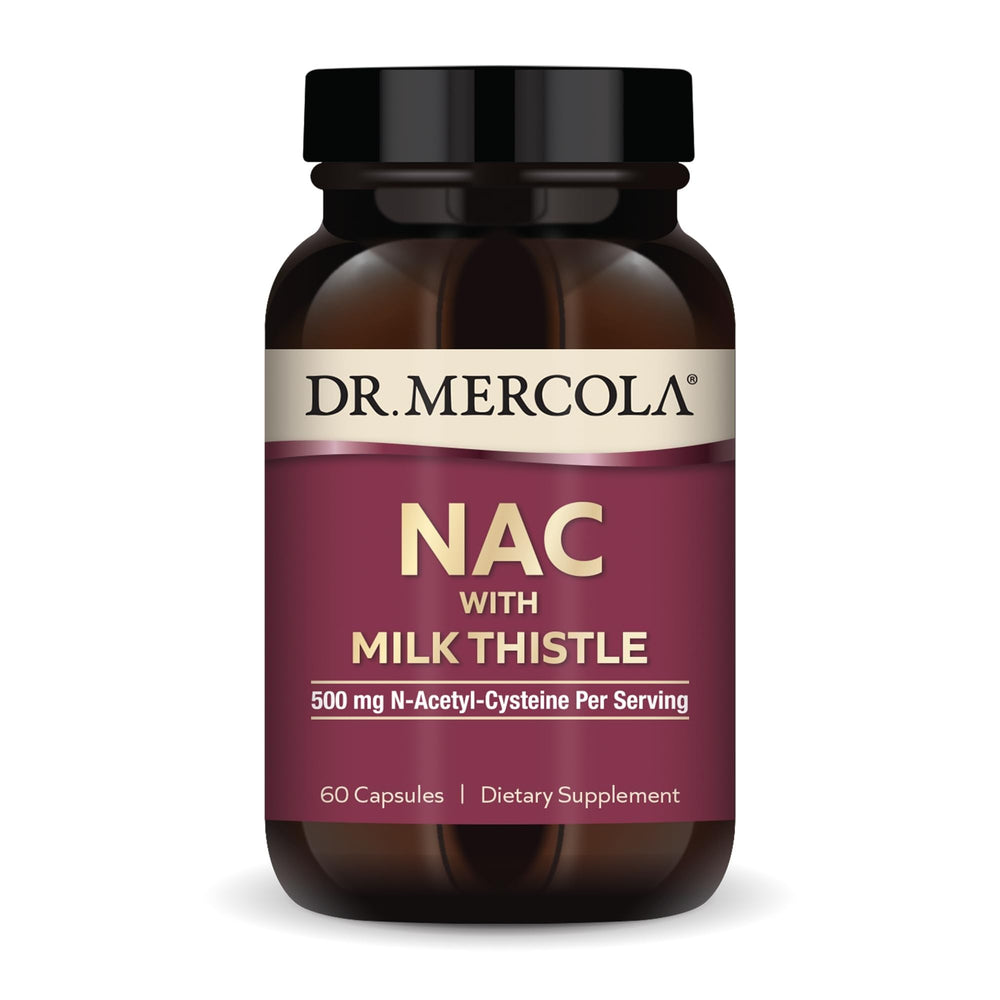 Dr. Mercola envase frontal del suplemento NAC mostrando etiqueta clara y beneficios
