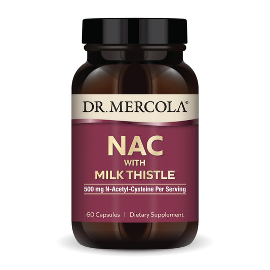 Dr. Mercola envase frontal del suplemento NAC mostrando etiqueta clara y beneficios