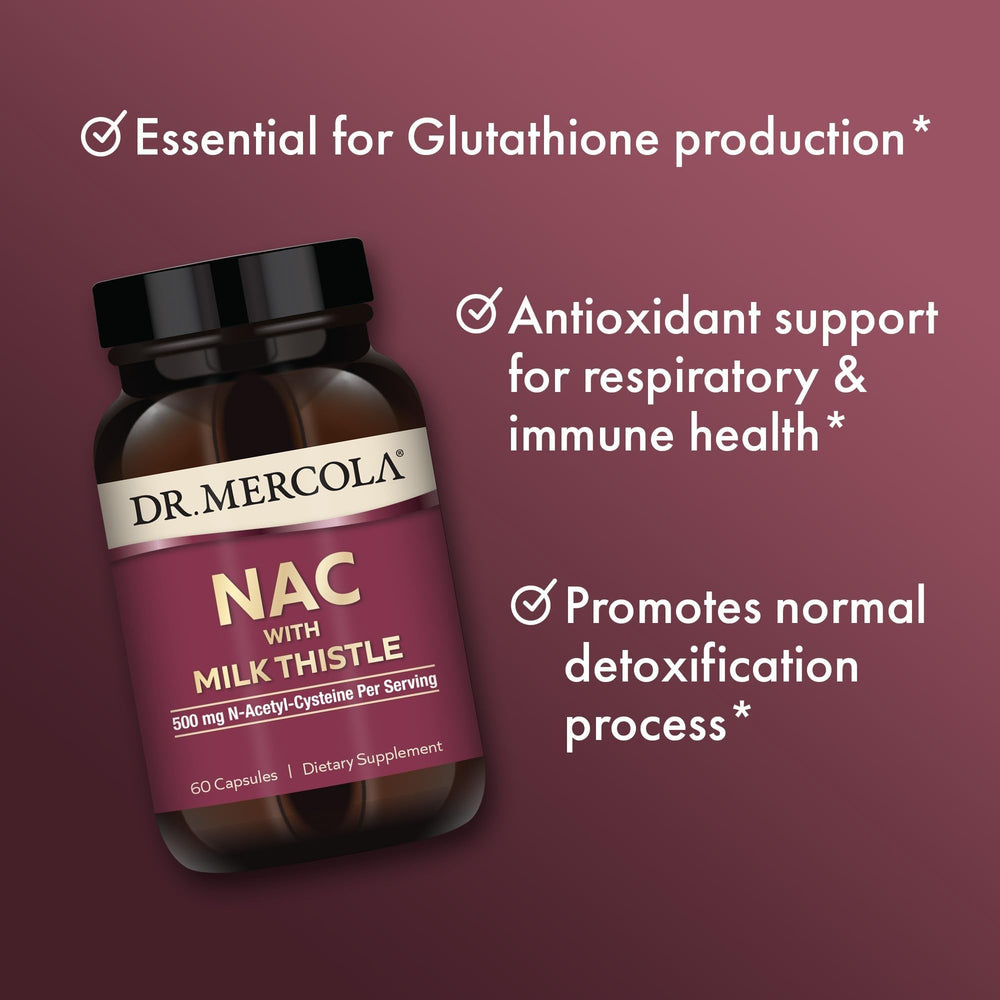 Etiqueta nutricional de Dr. Mercola NAC con lista de ingredientes y dosificación visible