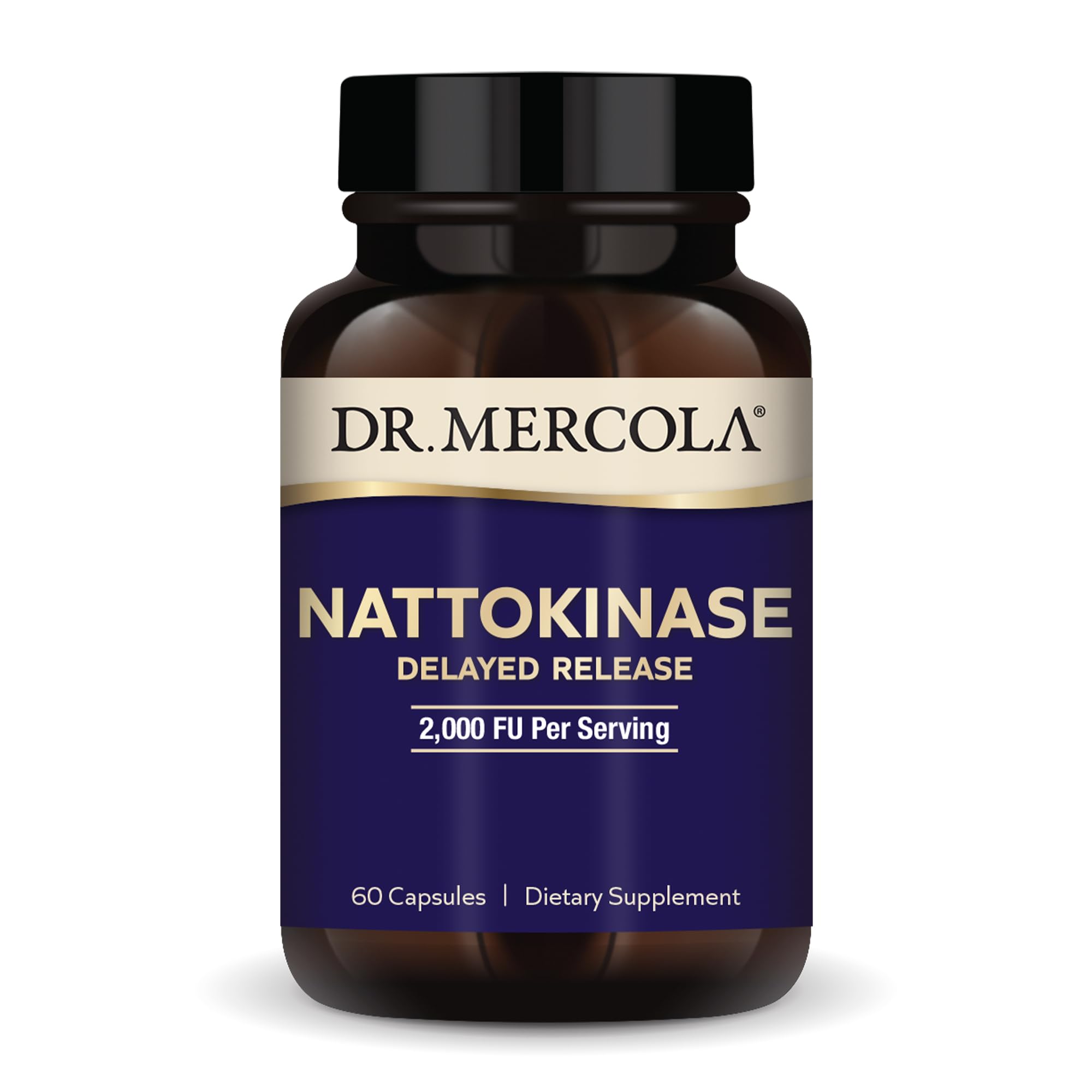 Dr. Mercola envase frontal mostrando 2,000 FU y 60 tabletas, confianza de calidad