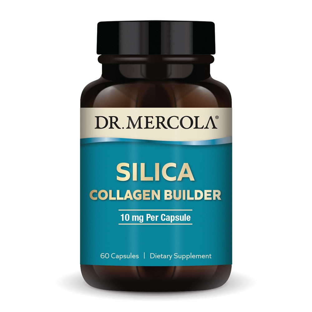 Dr. Mercola frasco frontal del suplemento de sílice mostrando diseño y cantidad