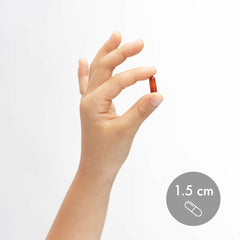 Dr. Mercola cápsulas junto a una regla para comparar tamaño y cantidad