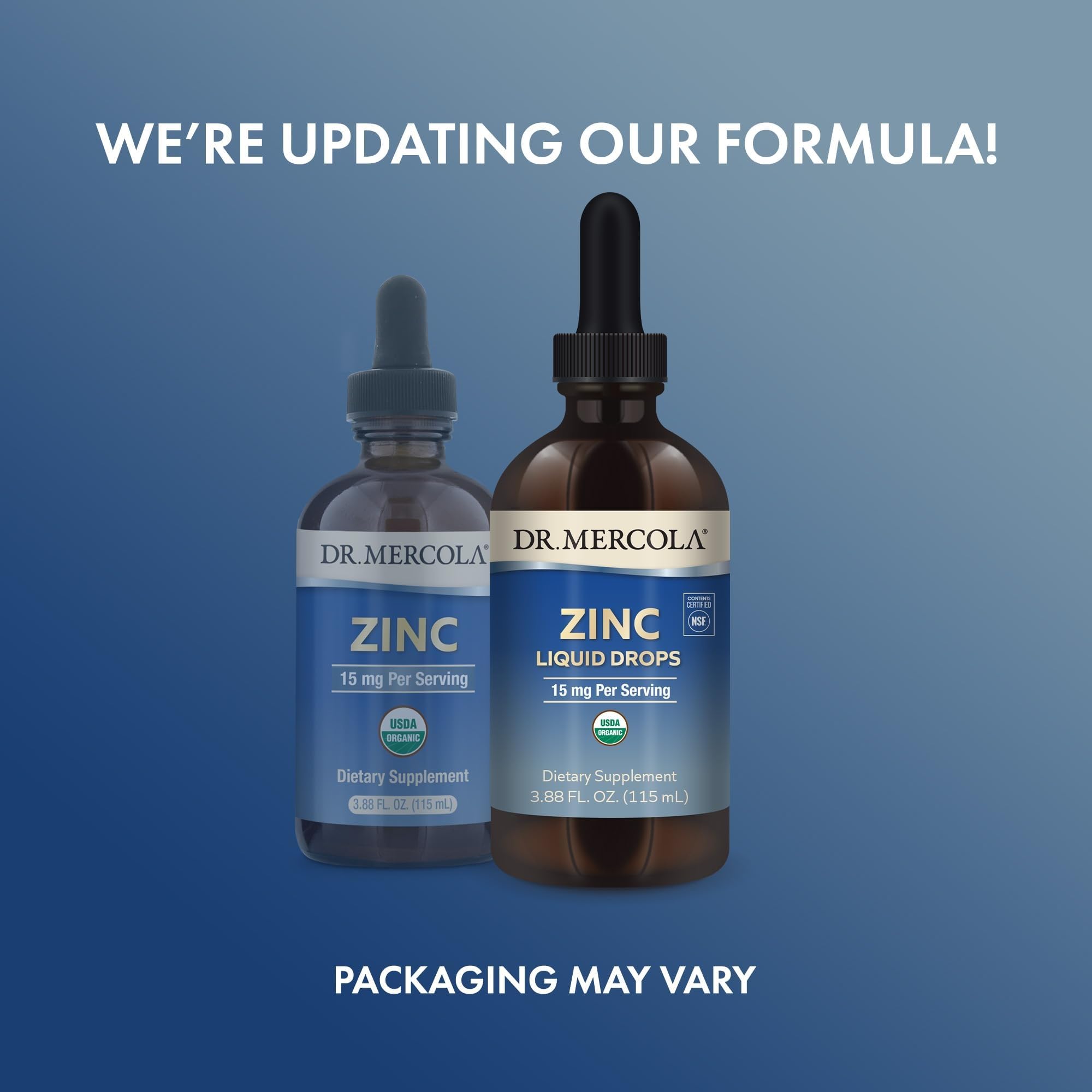 Dr. Mercola gotas vertidas en vaso ilustrando mezcla y conveniencia