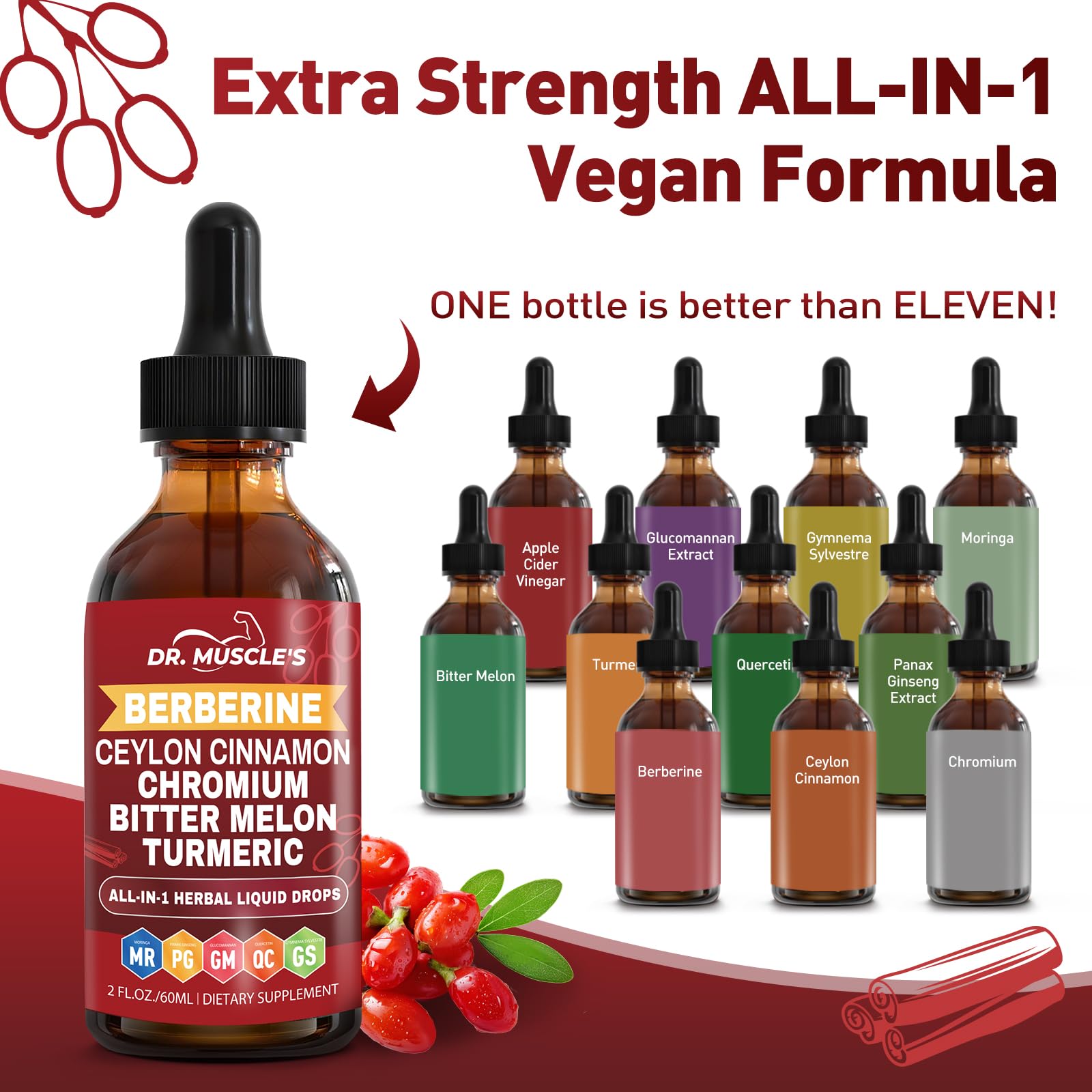 DR. MUSCLE'S etiqueta detallada con ingredientes clave y beneficios botánicos