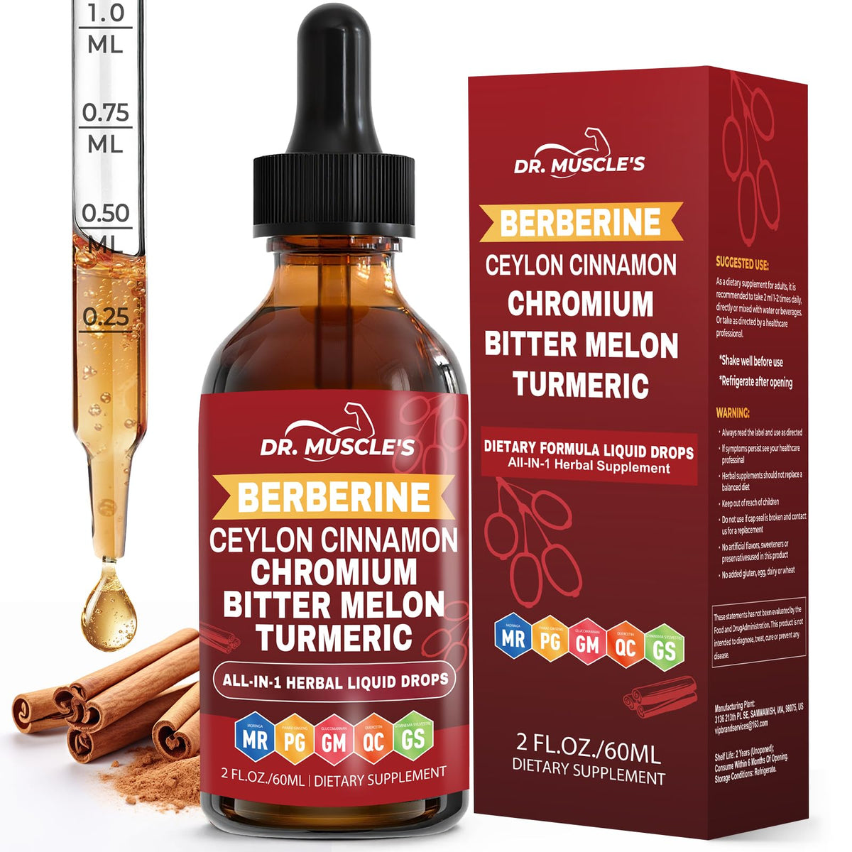 DR. MUSCLE'S frente del envase mostrando fórmula vegana y tamaño 2 fl oz