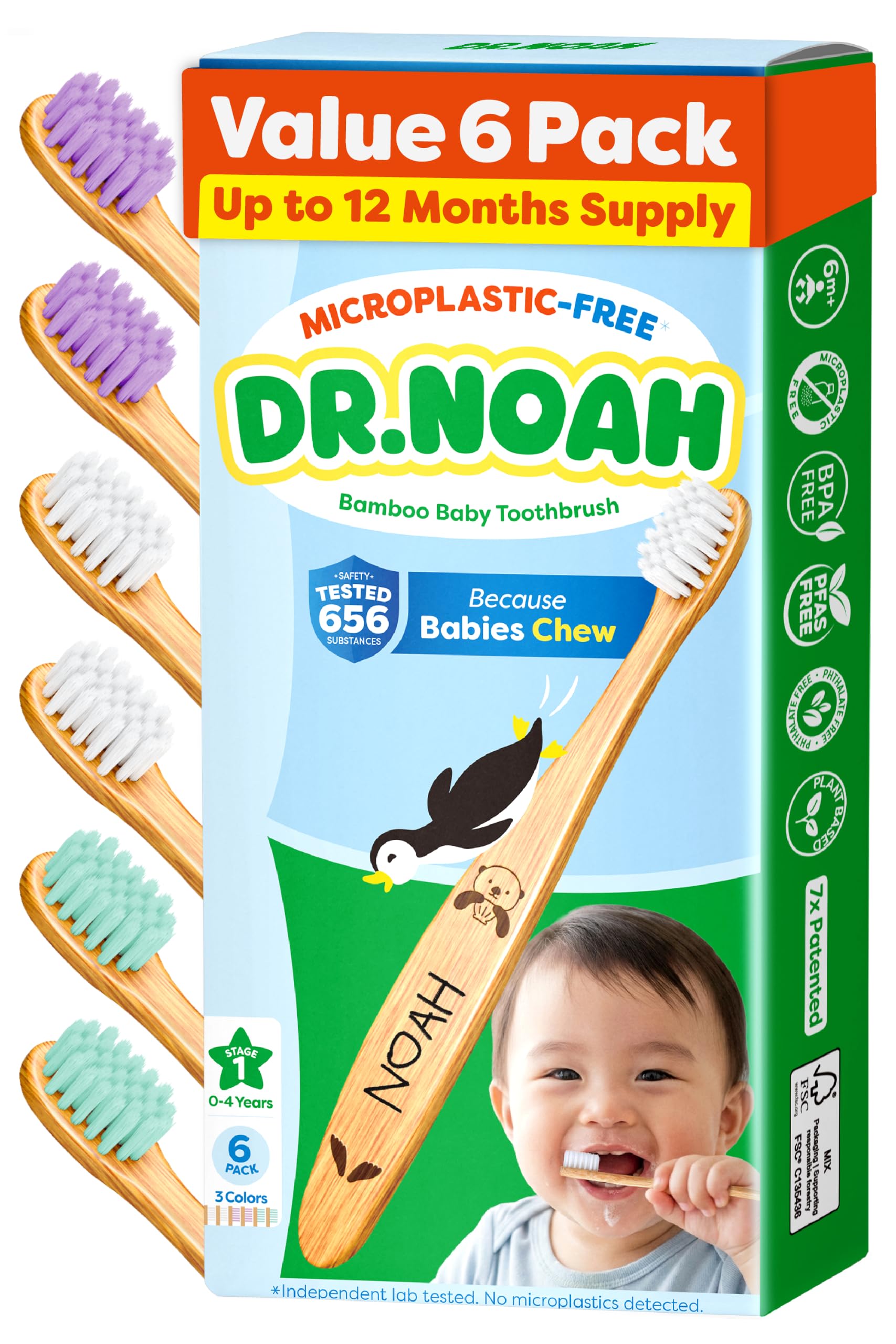 Dr. Noah empaque frontal con seis cepillos, opción segura y sostenible