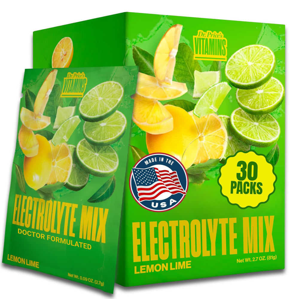 Dr. Price's Vitamins empaque frontal mostrando sobres y sabor limón-lima para hidratación rápida