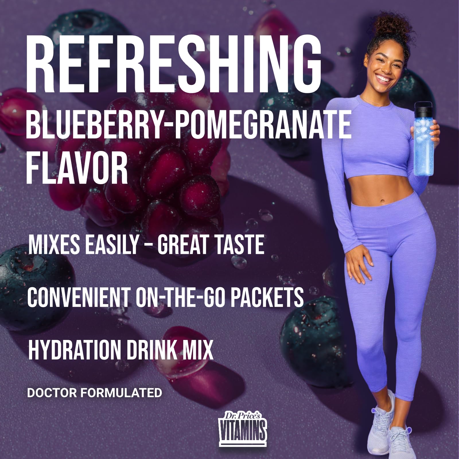 Dr. Price's vaso con bebida blueberry pomegranate y hielo refrescante