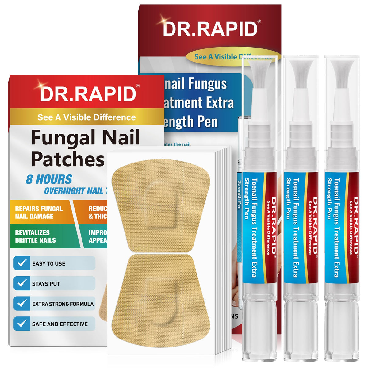 DR.RAPID empaque frontal del kit mostrando plumas y parches, beneficio: cuidado completo