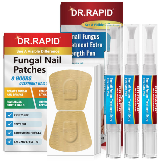 DR.RAPID empaque frontal del kit mostrando plumas y parches, beneficio: cuidado completo