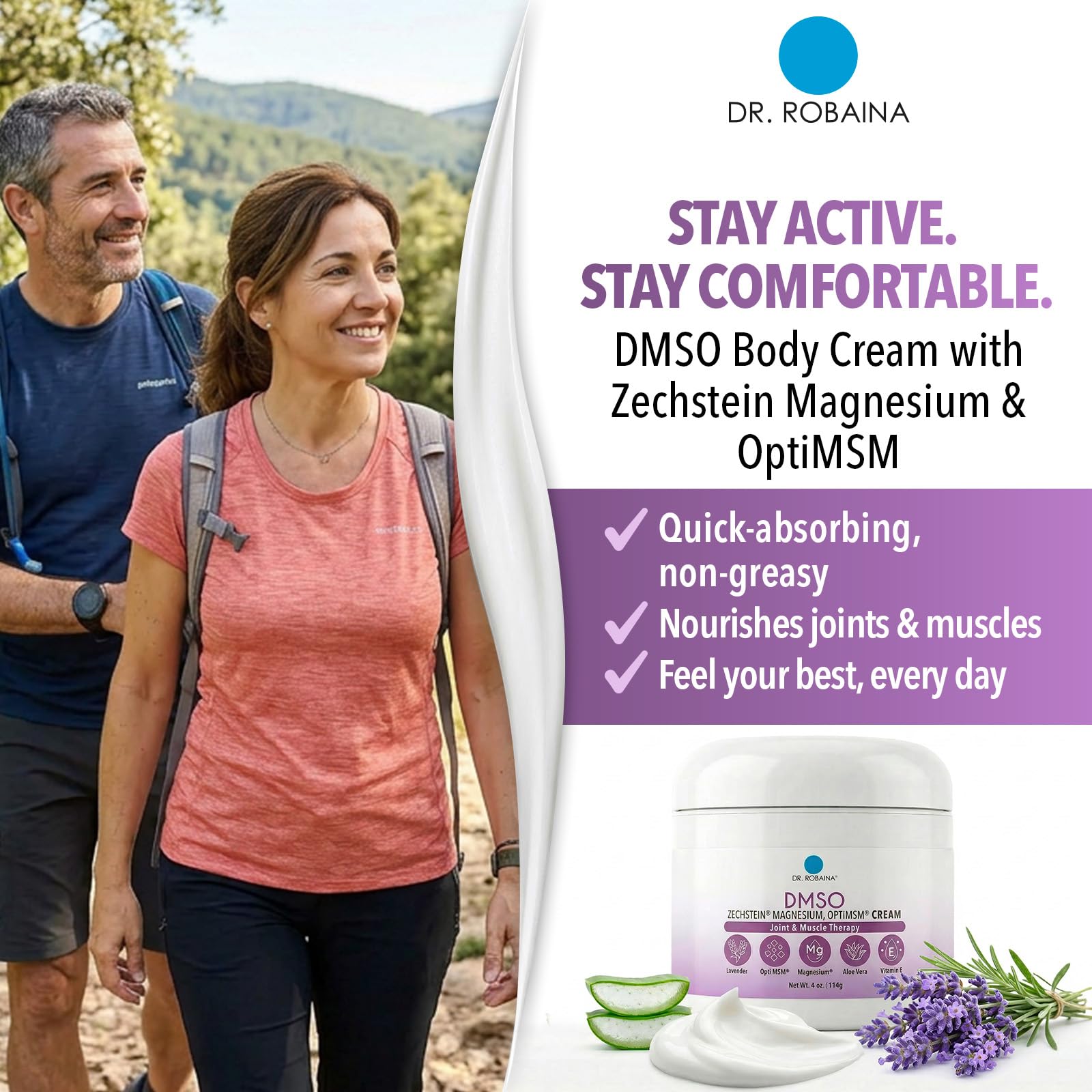 Dr. Robaina crema lavanda textura cremosa en primer plano que muestra absorción rápida
