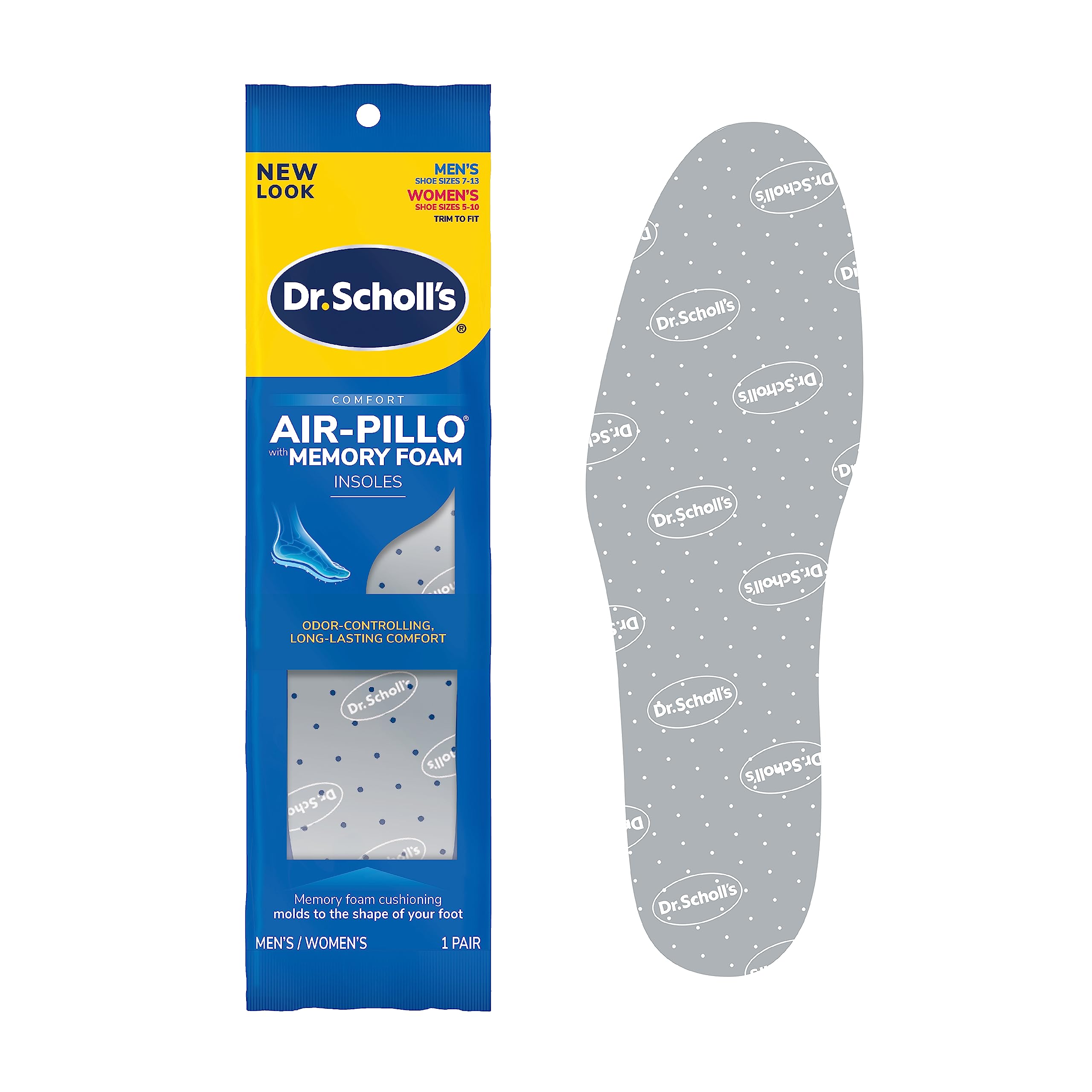Dr. Scholl's vista frontal del empaque mostrando el par y tallas