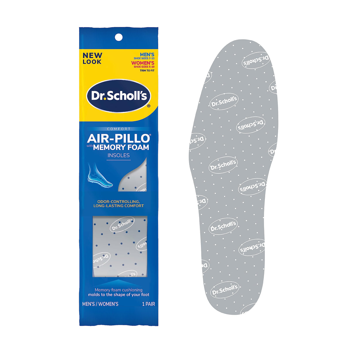 Dr. Scholl's vista frontal del empaque mostrando el par y tallas