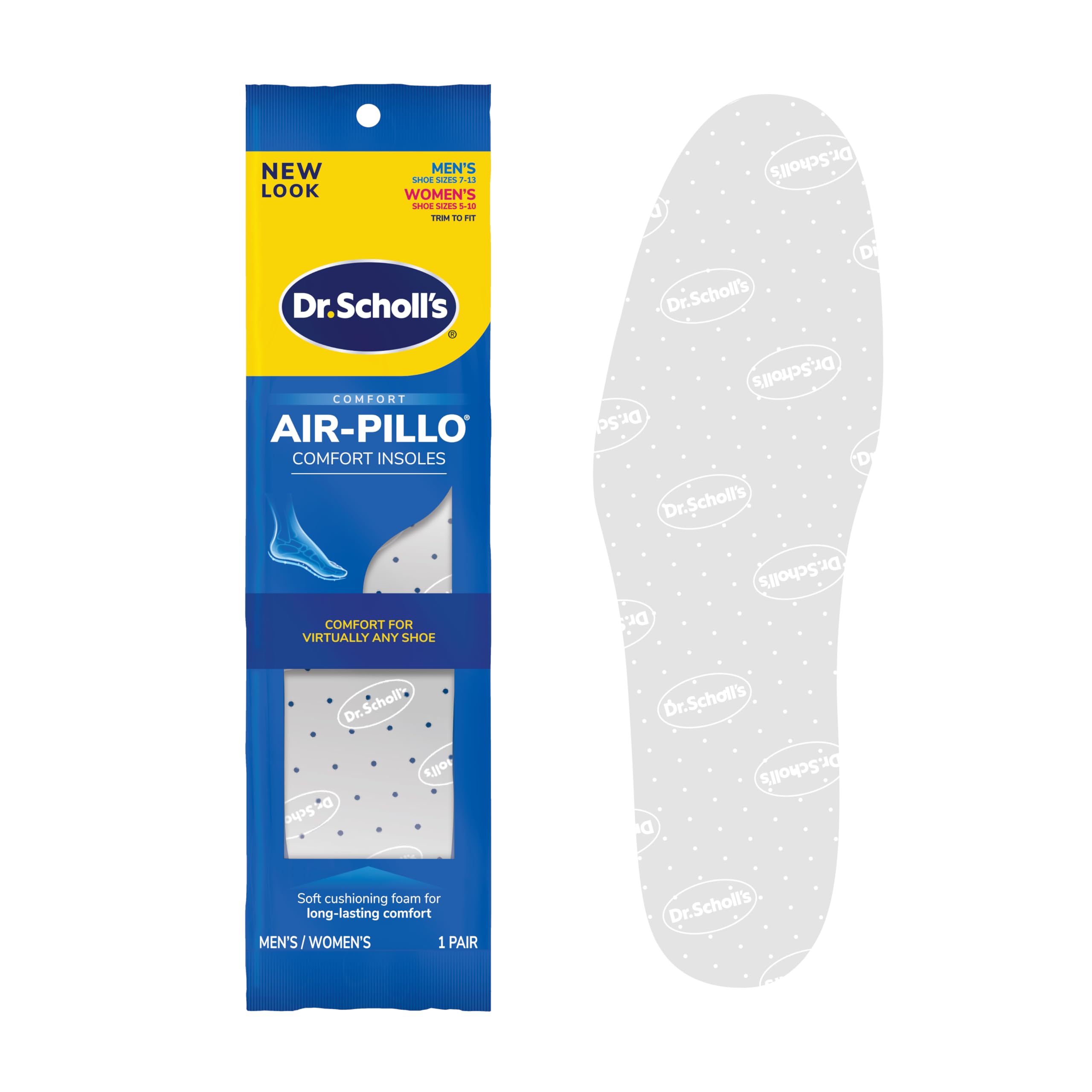 Dr. Scholl's empaque frontal mostrando las plantillas y beneficio confort