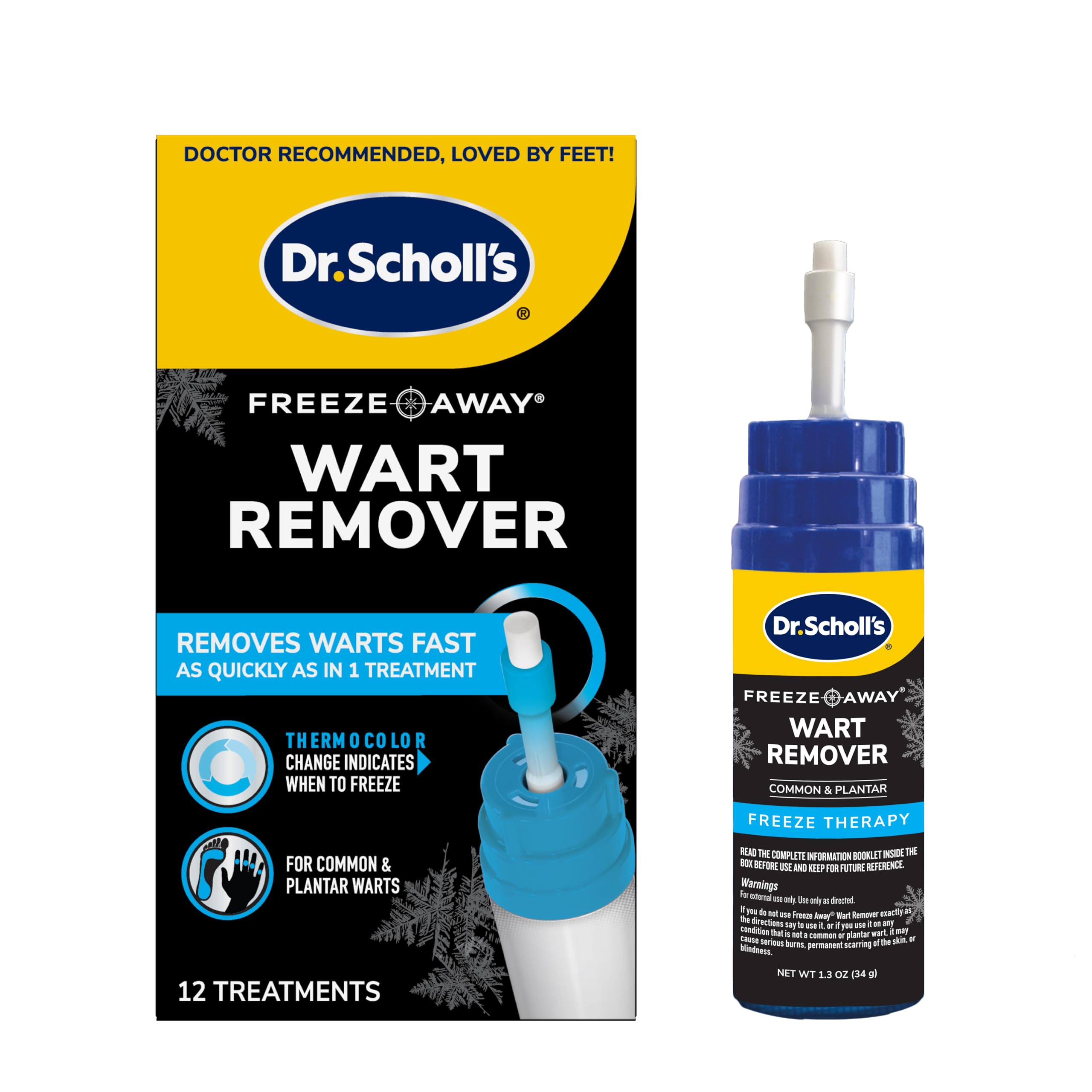 Dr. Scholl's frontal del envase con 12 aplicadores y beneficios visibles