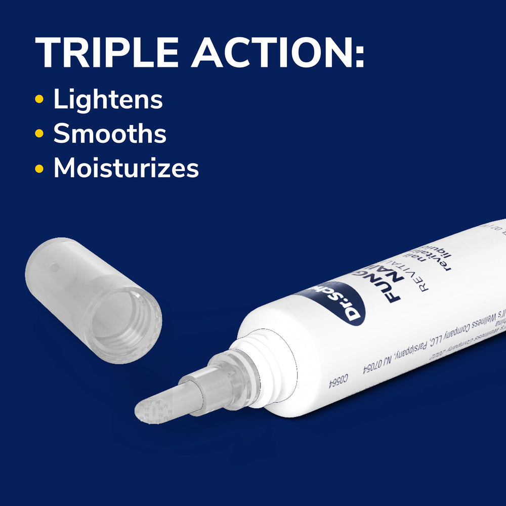 Dr. Scholl's frasco 10 ml junto a una regla para visualizar el tamaño compacto y práctico