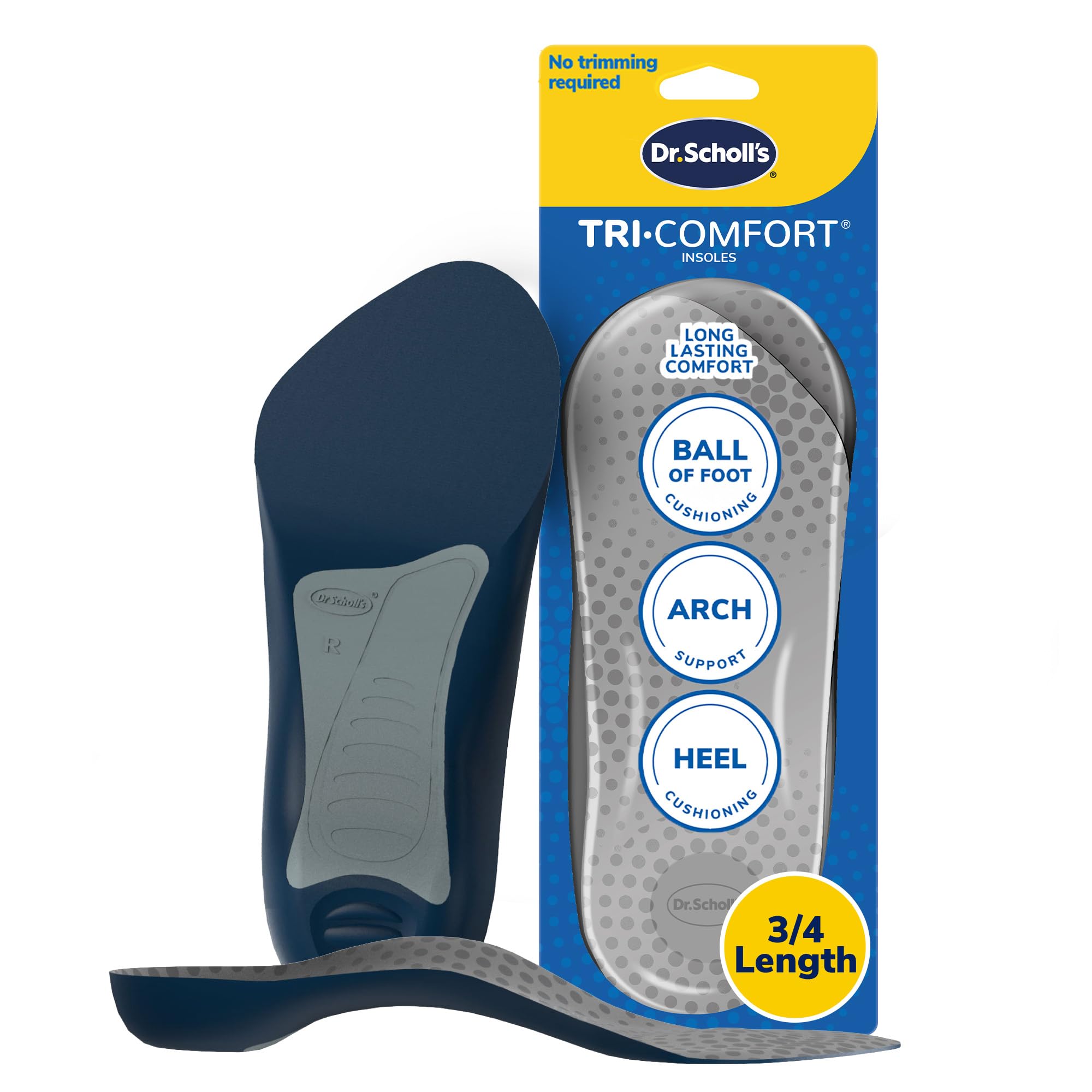 Dr. Scholl’s embalaje frontal mostrando par y talla beneficio confort inmediato