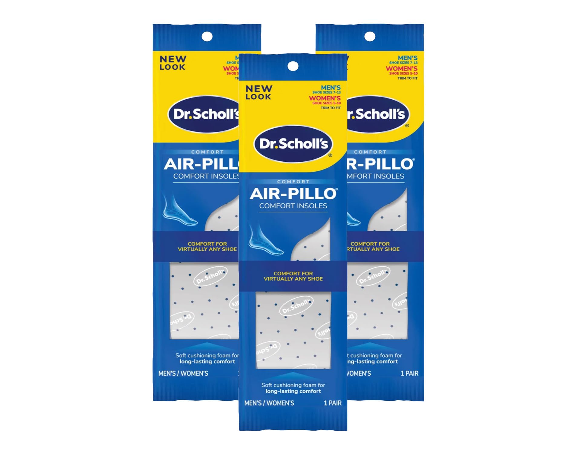 Dr. Scholl's empaque frontal mostrando tres pares y beneficios visibles