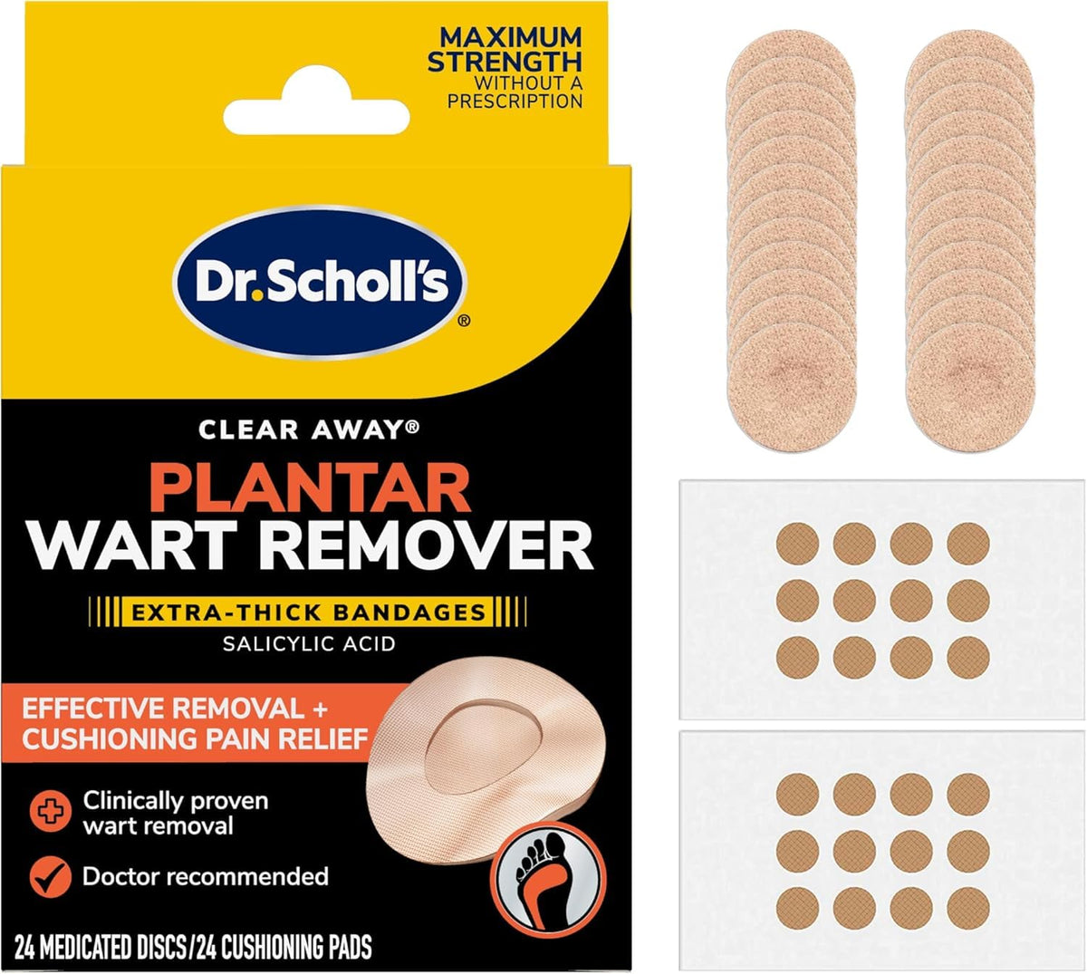 Dr. Scholl's empaque frontal Clear Away Plantar mostrando beneficio de eliminación dirigida