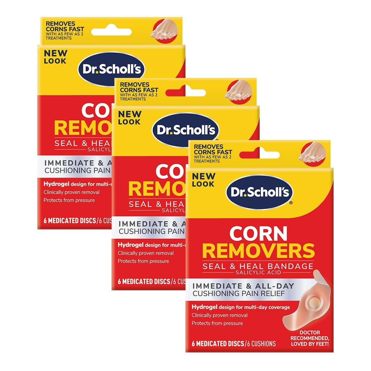 Dr. Scholl's empaque frontal mostrando 18 unidades y usos rápidos