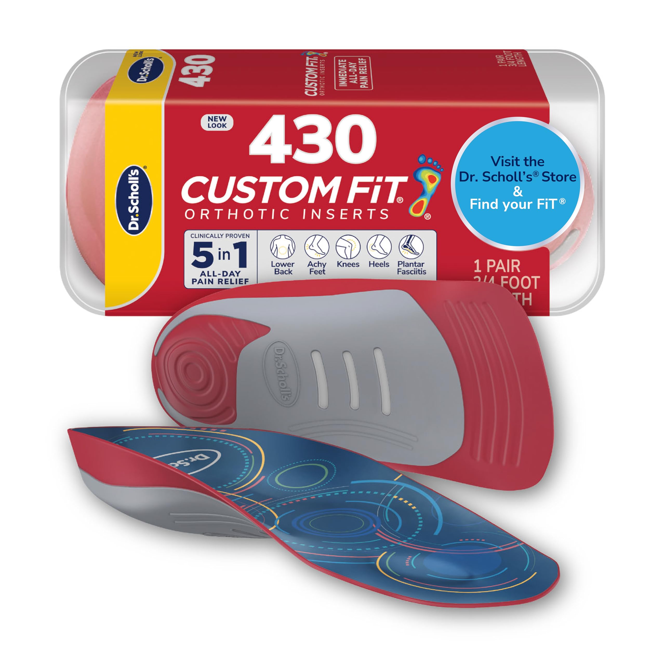 Dr. Scholl's envase frontal Custom Fit mostrando beneficios y compatibilidad