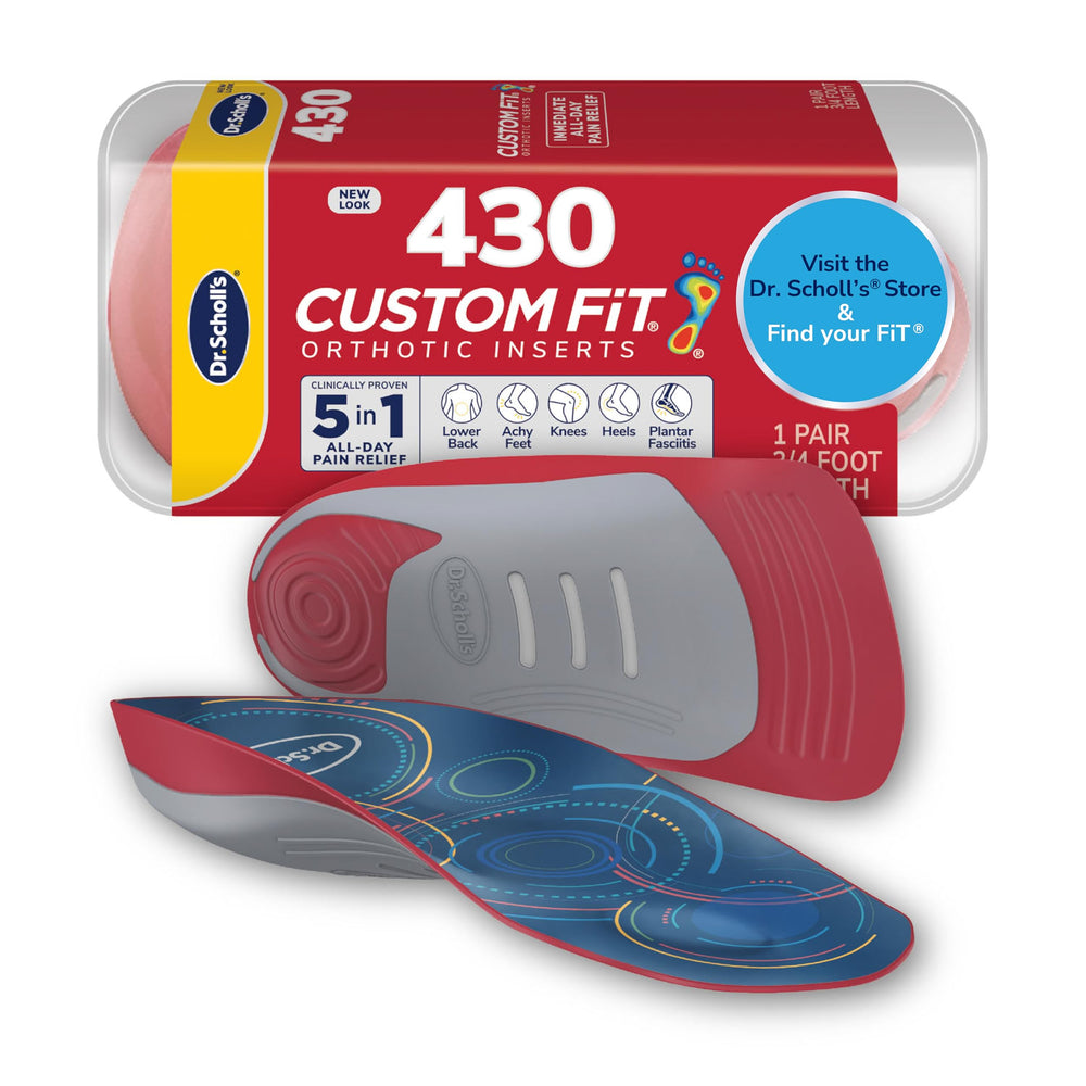 Dr. Scholl's envase frontal Custom Fit mostrando beneficios y compatibilidad