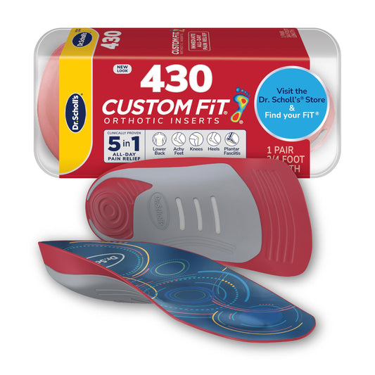 Dr. Scholl's envase frontal Custom Fit mostrando beneficios y compatibilidad