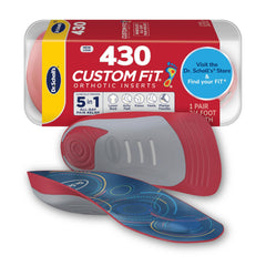 Dr. Scholl's envase frontal Custom Fit mostrando beneficios y compatibilidad