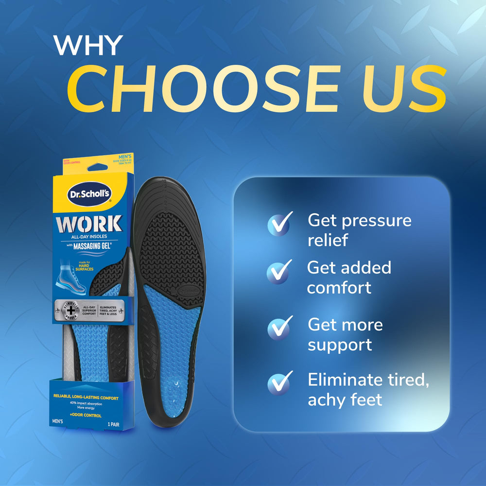 Dr. Scholl's trabajador de pie luciendo pies cómodos y menos fatiga