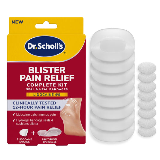 Dr. Scholl's frente del empaque mostrando el kit completo y beneficios