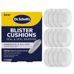 Dr. Scholl's paquete frontal que muestra 12 almohadillas para alivio rápido