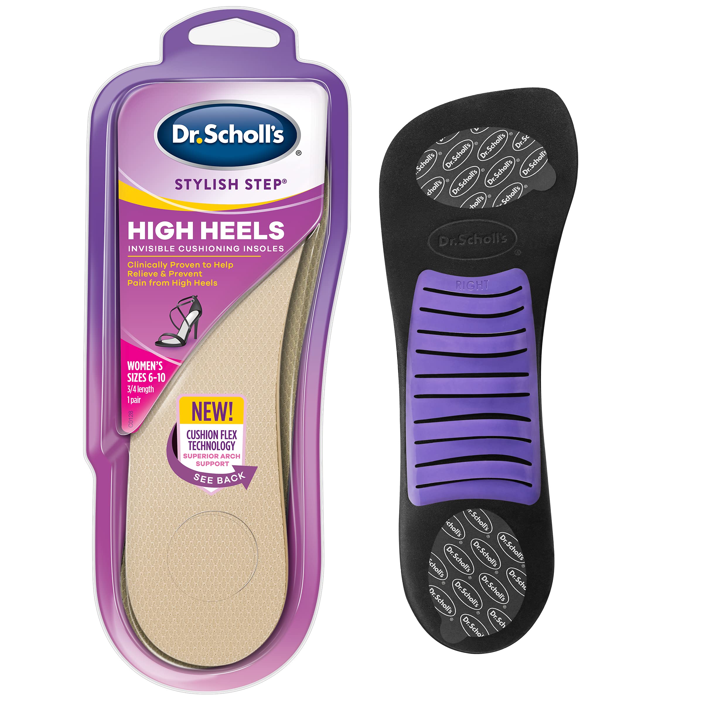 Dr. Scholl's frente del empaque nuevo, confort visible y detalles de soporte