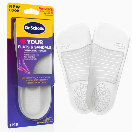 Dr. Scholl's vista frontal del empaque mostrando plantillas y tallaje, comodidad inmediata