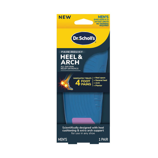 Dr. Scholl's empaque frontal de plantillas mostrando alivio para talón y arco