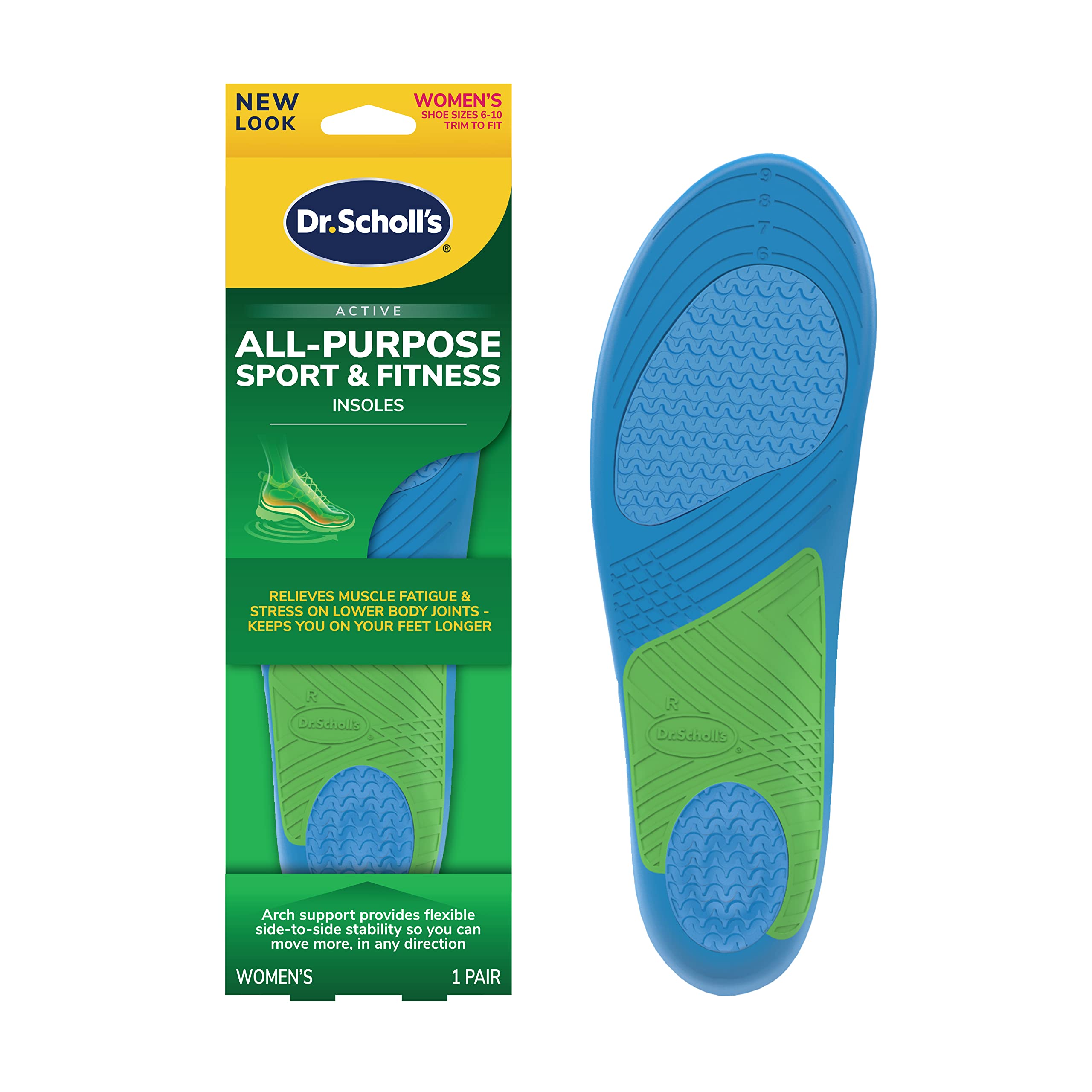 Dr. Scholl's empaque frontal mostrando plantillas y beneficio amortiguación