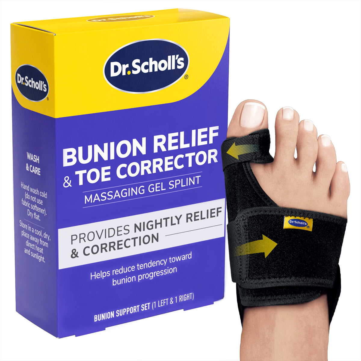 Dr. Scholl's empaque frontal mostrando el set y beneficio de alivio