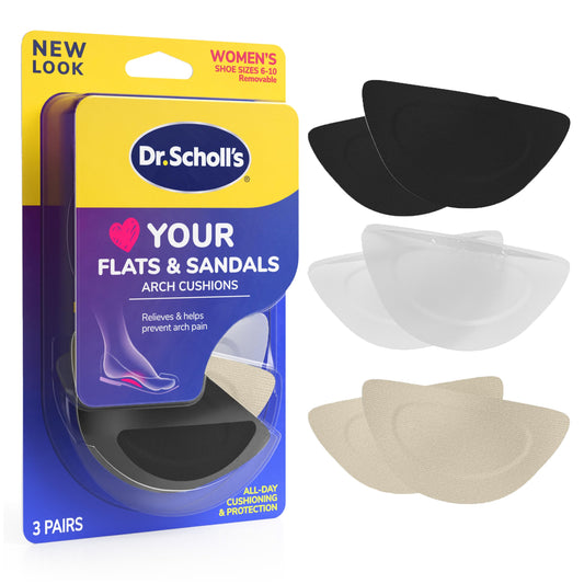 Dr. Scholl's empaque frontal mostrando tres pares y beneficio de comodidad