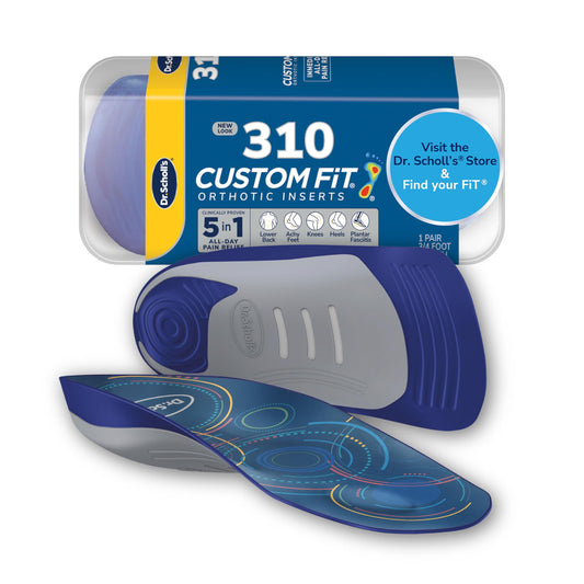 Dr. Scholl’s frontal del paquete mostrando beneficio soporte personalizado