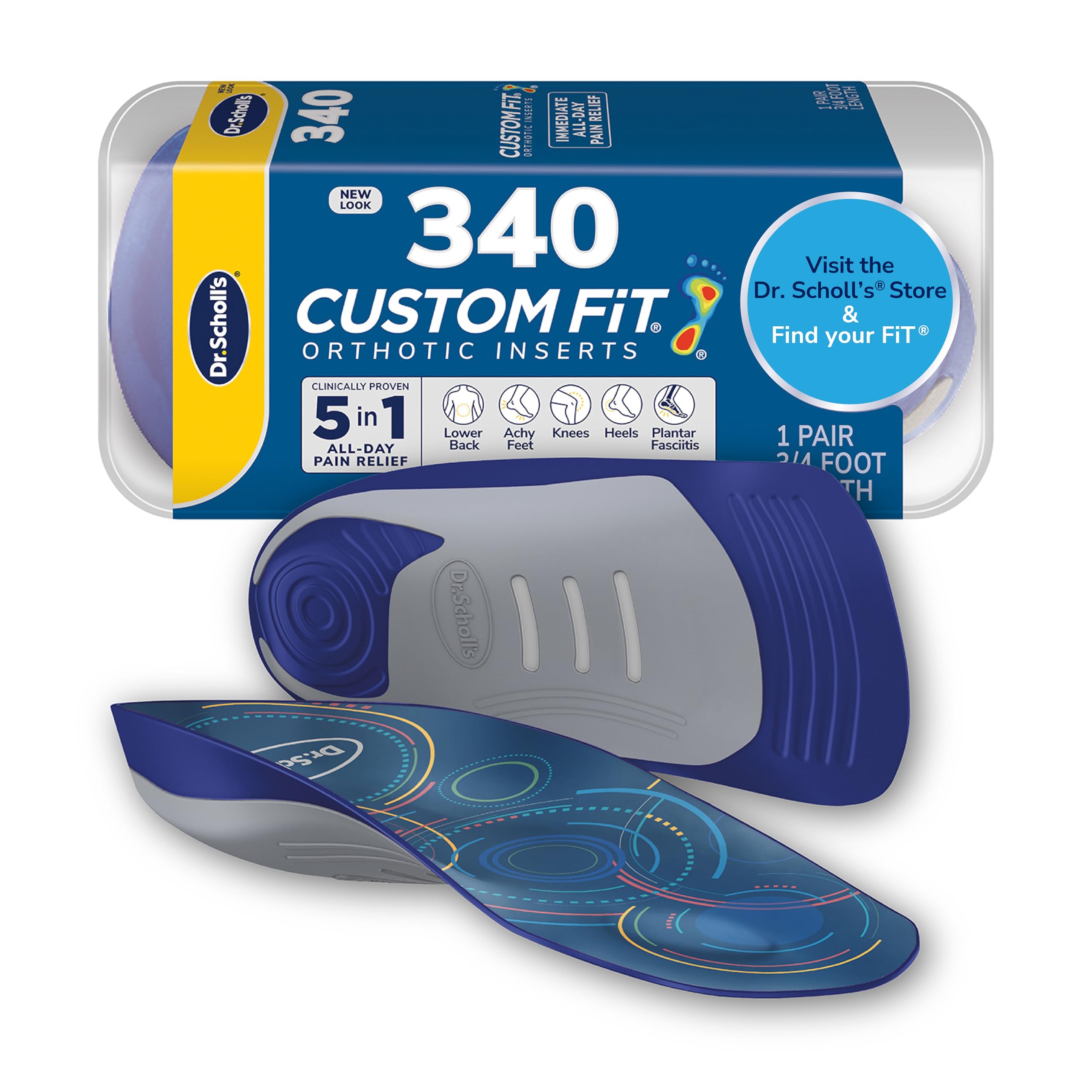 Dr. Scholl’s vista frontal del empaque mostrando el modelo CF340 y beneficios
