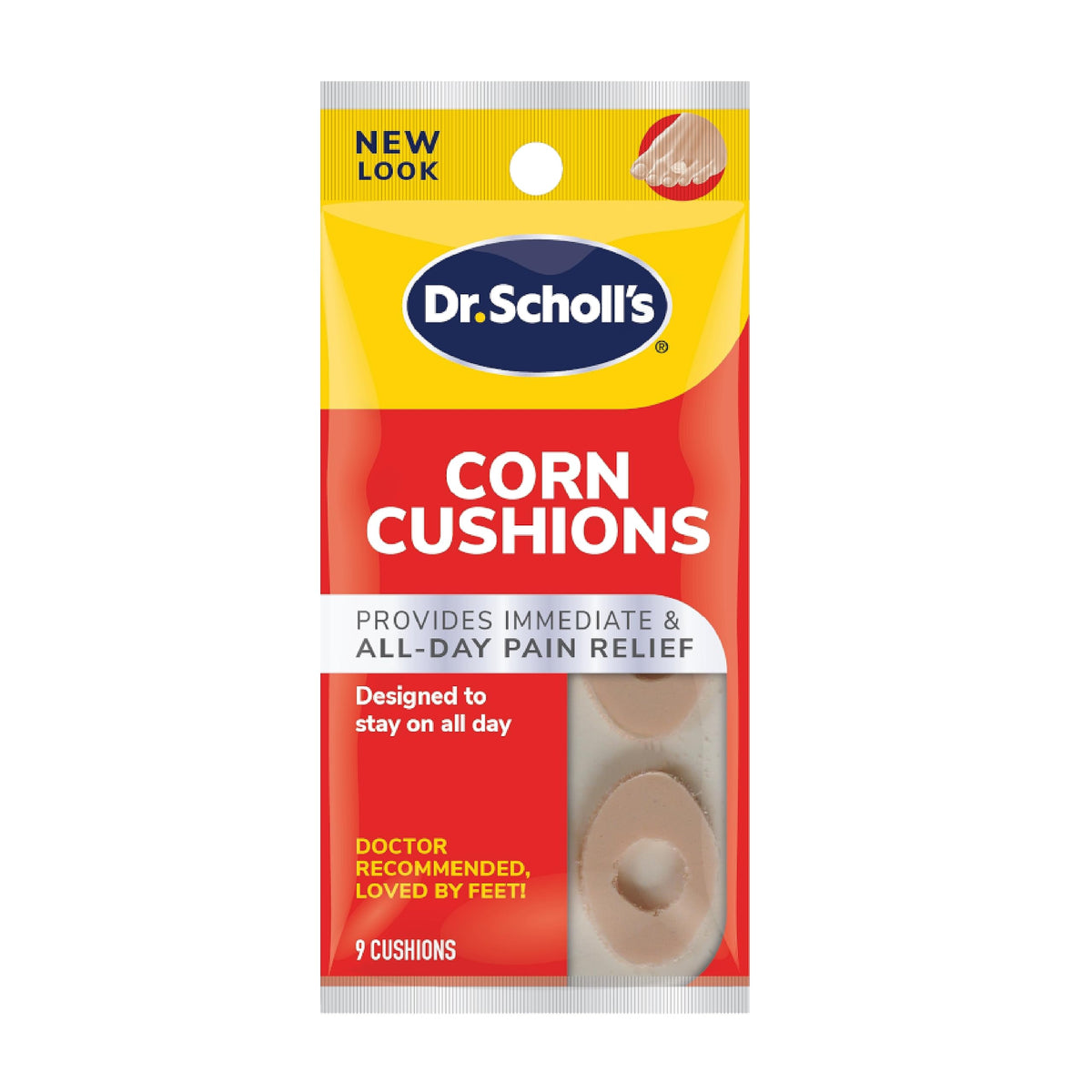 Dr. Scholl's vista frontal del paquete con 3 sobres y 9 cojines cada uno, conveniencia