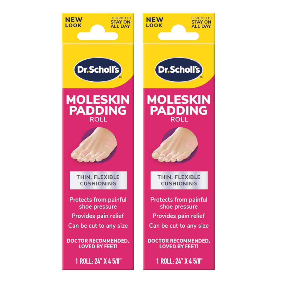 Dr. Scholl's paquete frontal mostrando rollos y marca, protección inmediata