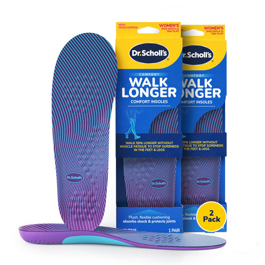 Dr. Scholl's frontal del empaque mostrando 2 pares y beneficios