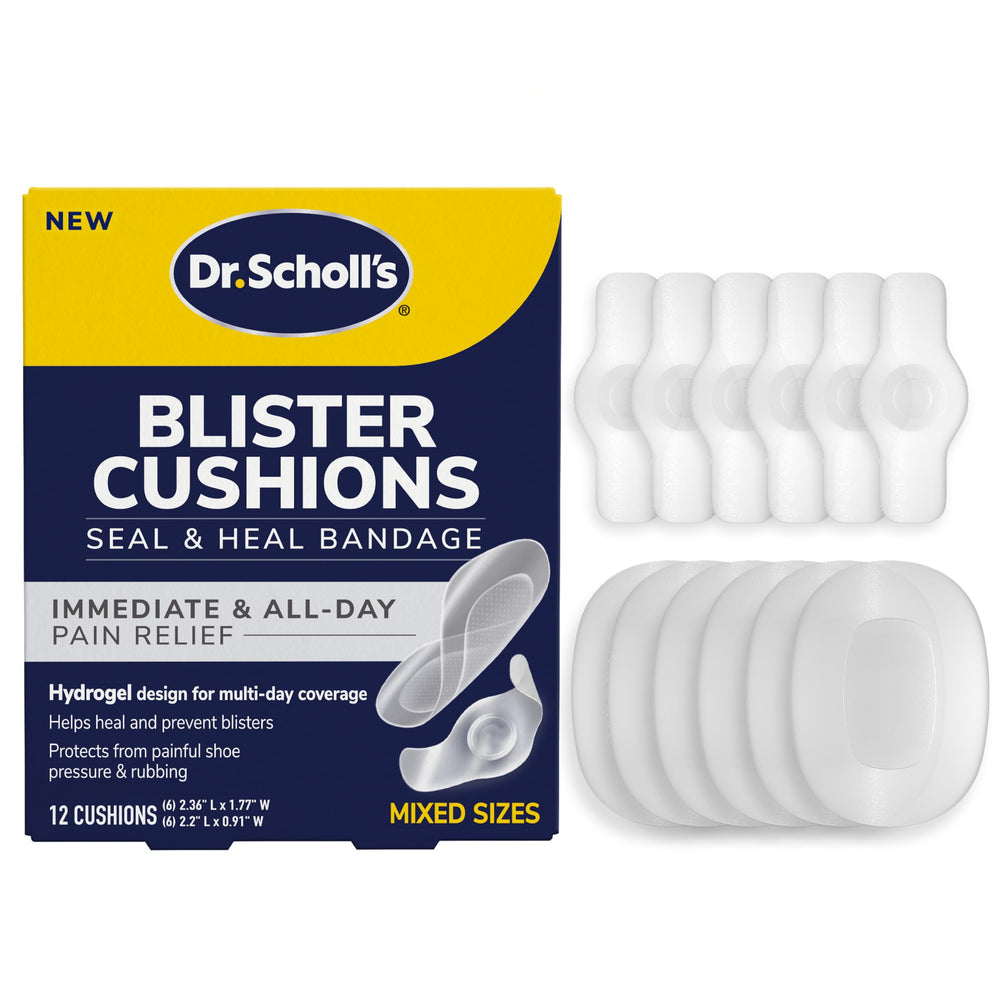 Dr. Scholl's paquete frontal mostrando 12 almohadillas y beneficio de protección