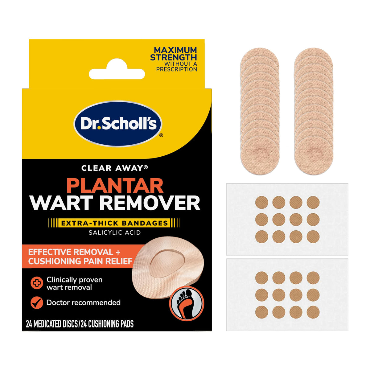 Dr. Scholl's empaque frontal mostrando 24 tratamientos y beneficio de eliminación
